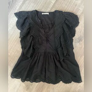 Ulla Johnson Embroidered cotton ruffle top with lace-up front/tassels.